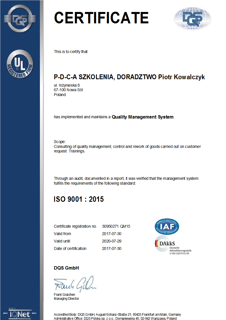 PDCA Certificate ISO 9001