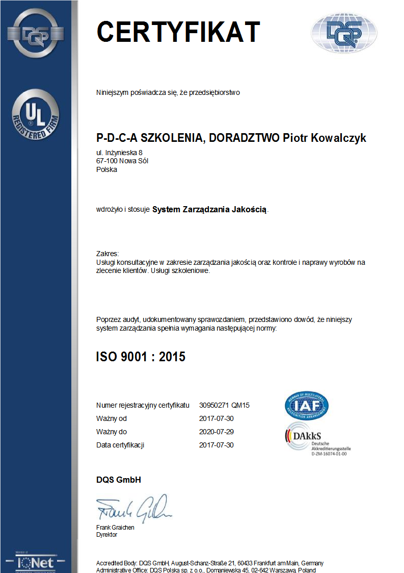 PDCA Certificate ISO 9001 PL
